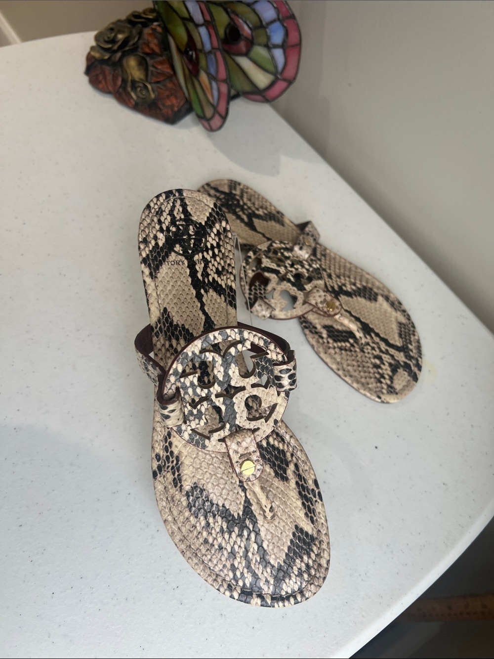 Tory Burch Snake Print Miller Thong Sandals in Beige and Black - Picture 6 of 12